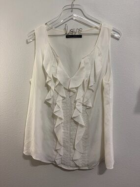 White House Black Market Ivory Ruffled V-Neck Sleeveless Blouse